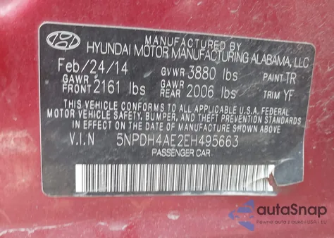 2014 Hyundai Elantra Se z USA, uszkodzony, nr VIN 5NPDH4AE2EH495663